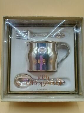 1881 Rogers Silverplate Primary set Child's cup baby spoon and fork Straight
